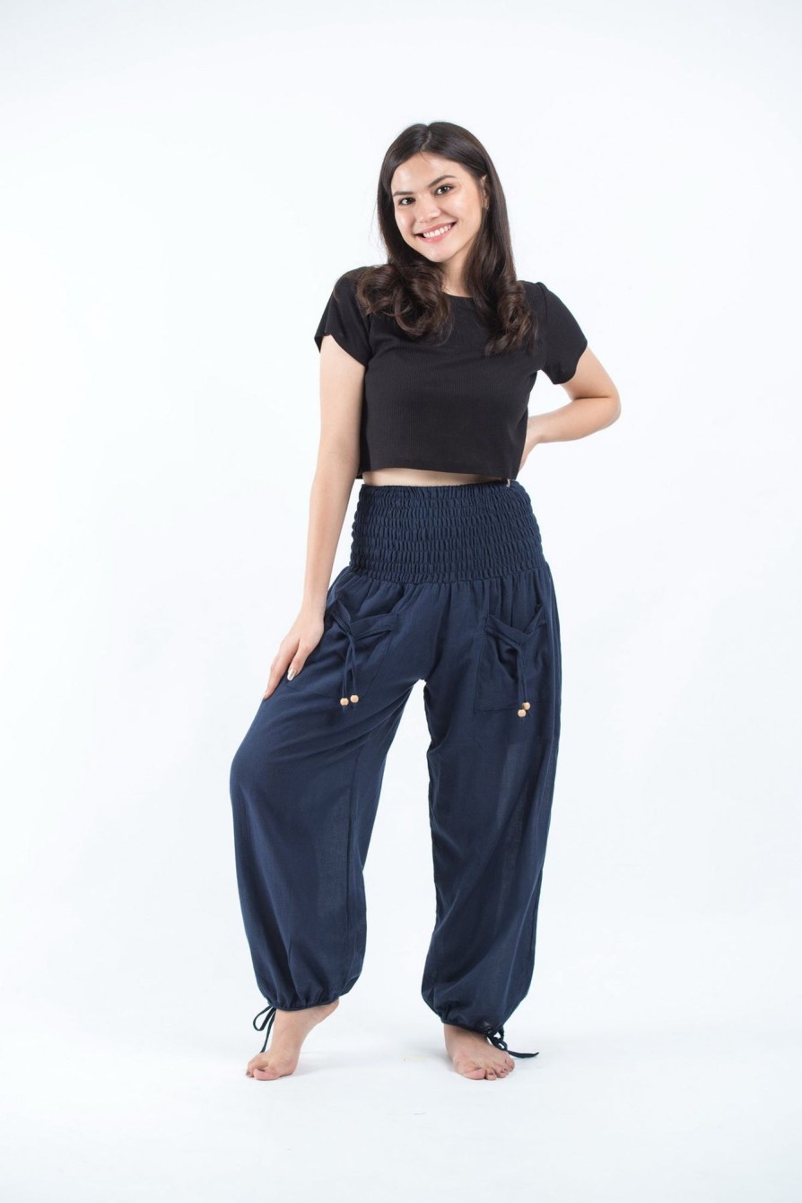 Women HaremPants | Women'S Thai Smocked Waist Cotton Pants In Navy