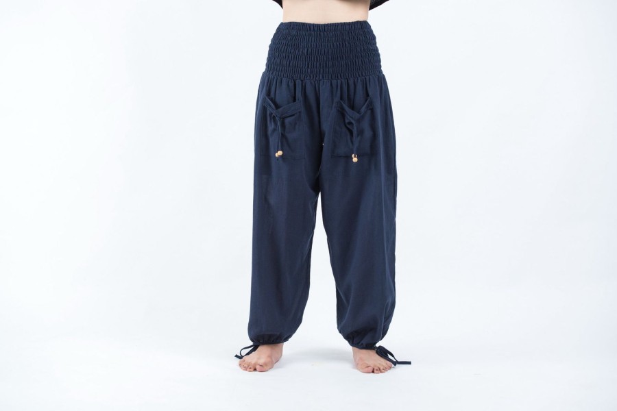 Women HaremPants | Women'S Thai Smocked Waist Cotton Pants In Navy