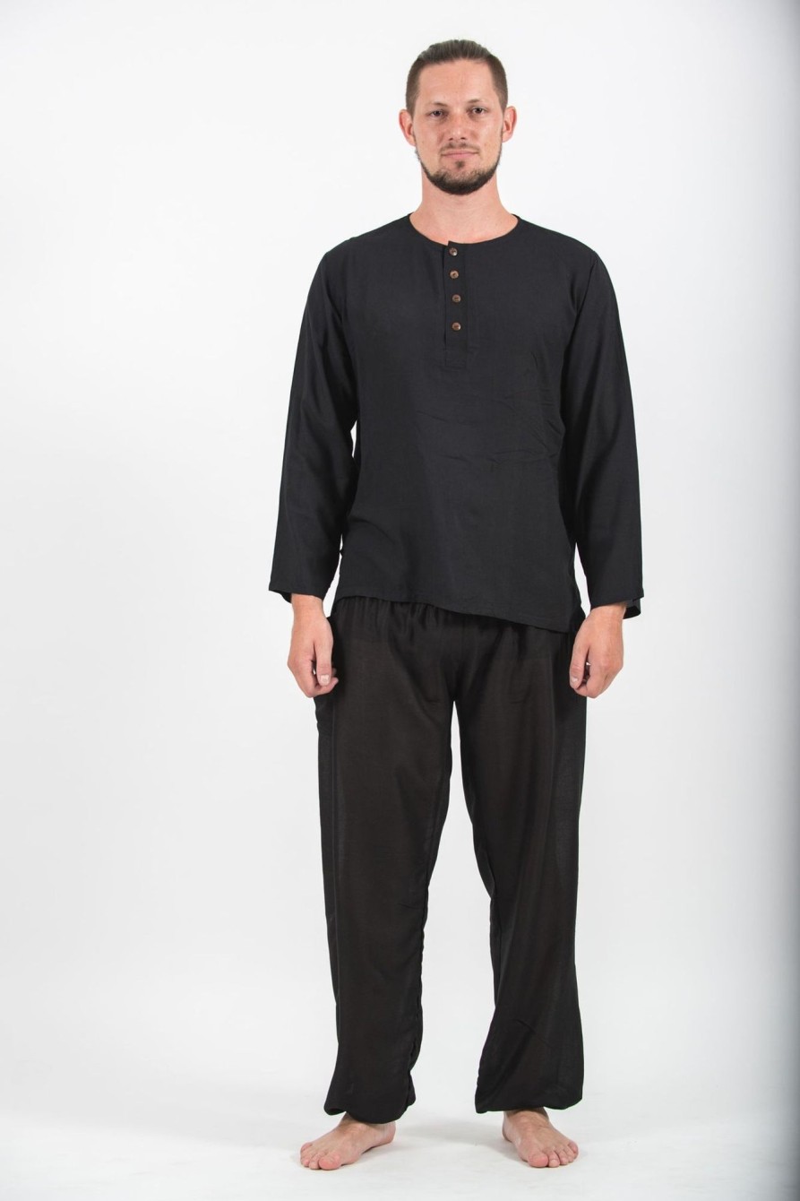 Men HaremPants | Mens Yoga Shirts No Collar With Coconut Buttons In Black