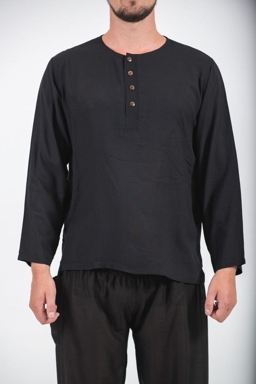 Men HaremPants | Mens Yoga Shirts No Collar With Coconut Buttons In Black