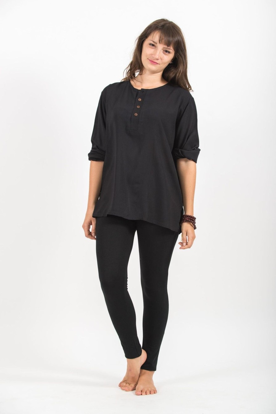 Women HaremPants | Womens Yoga Shirts No Collar With Coconut Buttons In Black