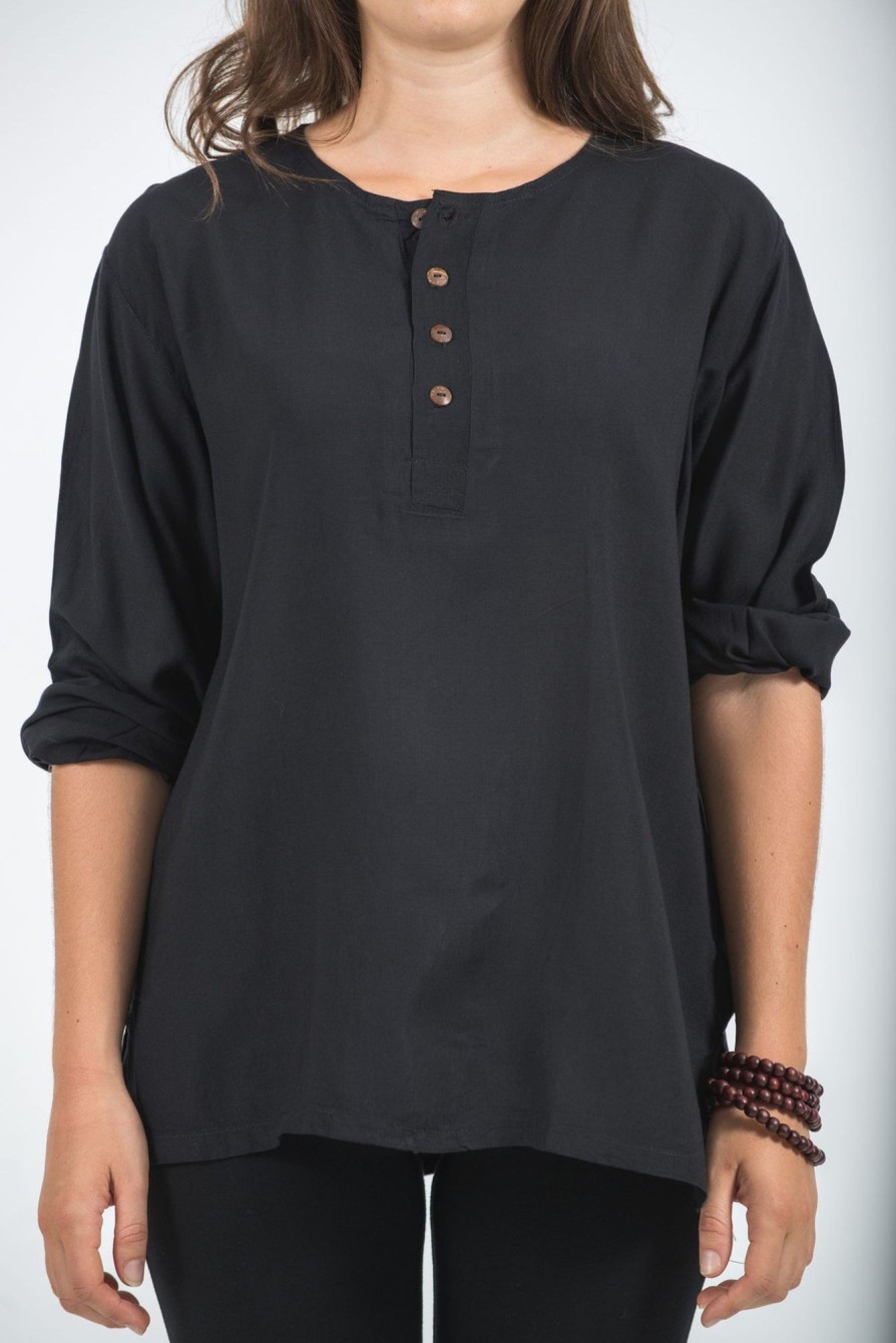 Women HaremPants | Womens Yoga Shirts No Collar With Coconut Buttons In Black