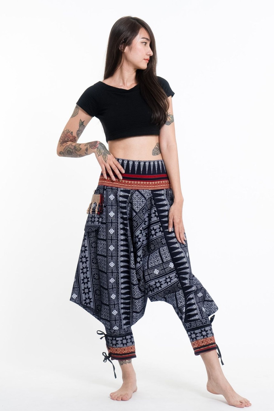 Women HaremPants | Traditional Prints Thai Hill Tribe Fabric Women'S Harem Pants With Ankle Straps In Navy