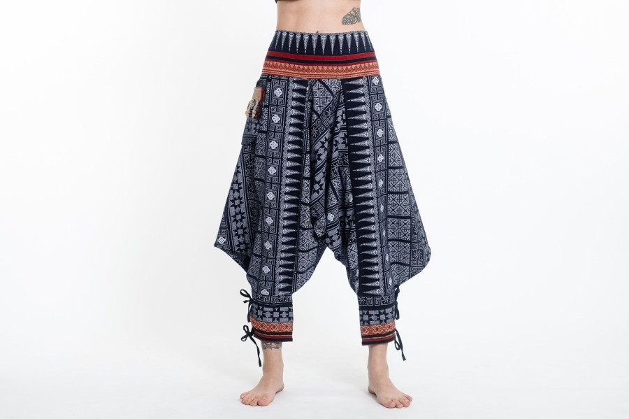 Women HaremPants | Traditional Prints Thai Hill Tribe Fabric Women'S Harem Pants With Ankle Straps In Navy