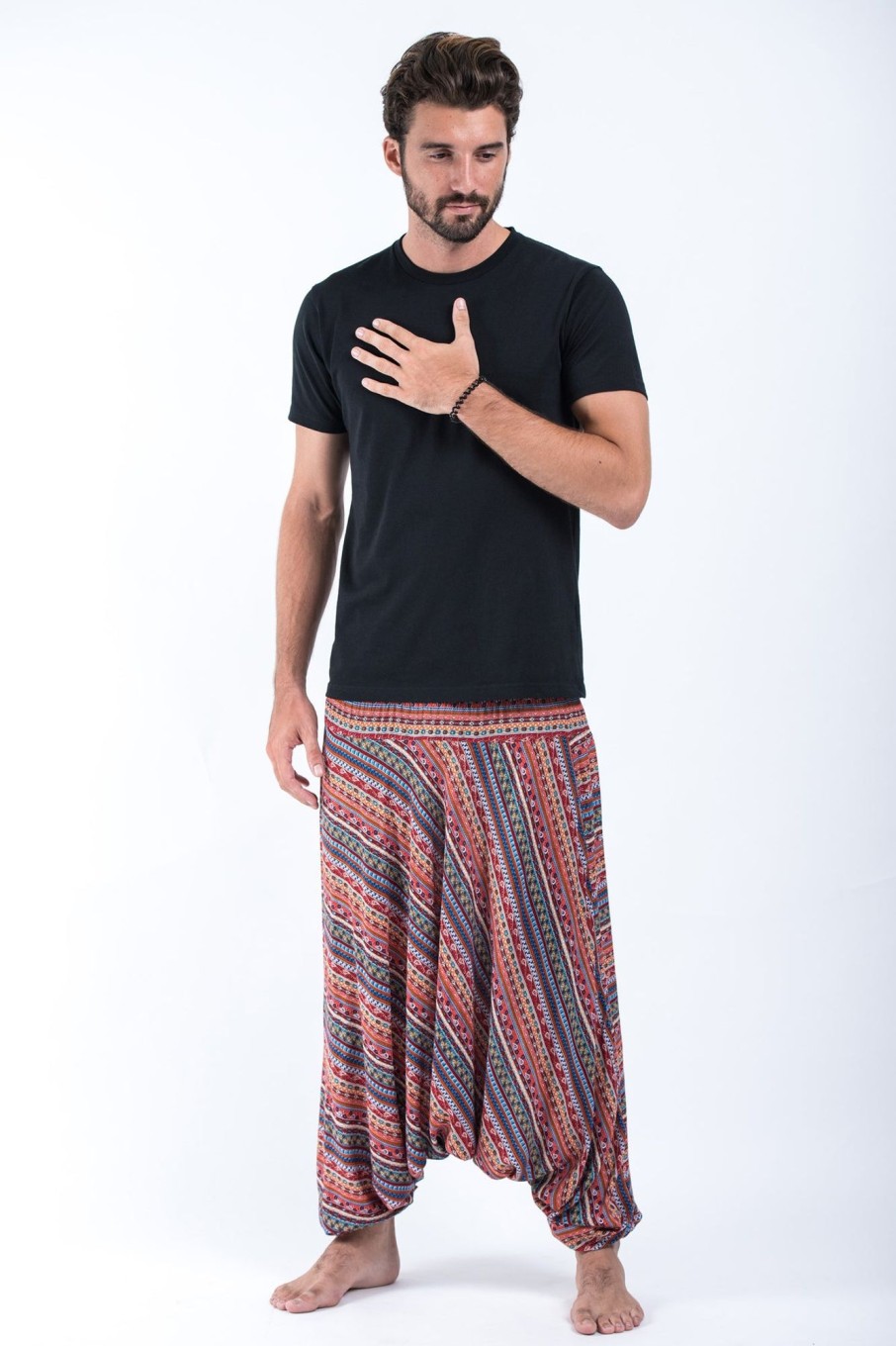 Men HaremPants | Aztec Stripes Drop Crotch Men'S Harem Pants In Peach