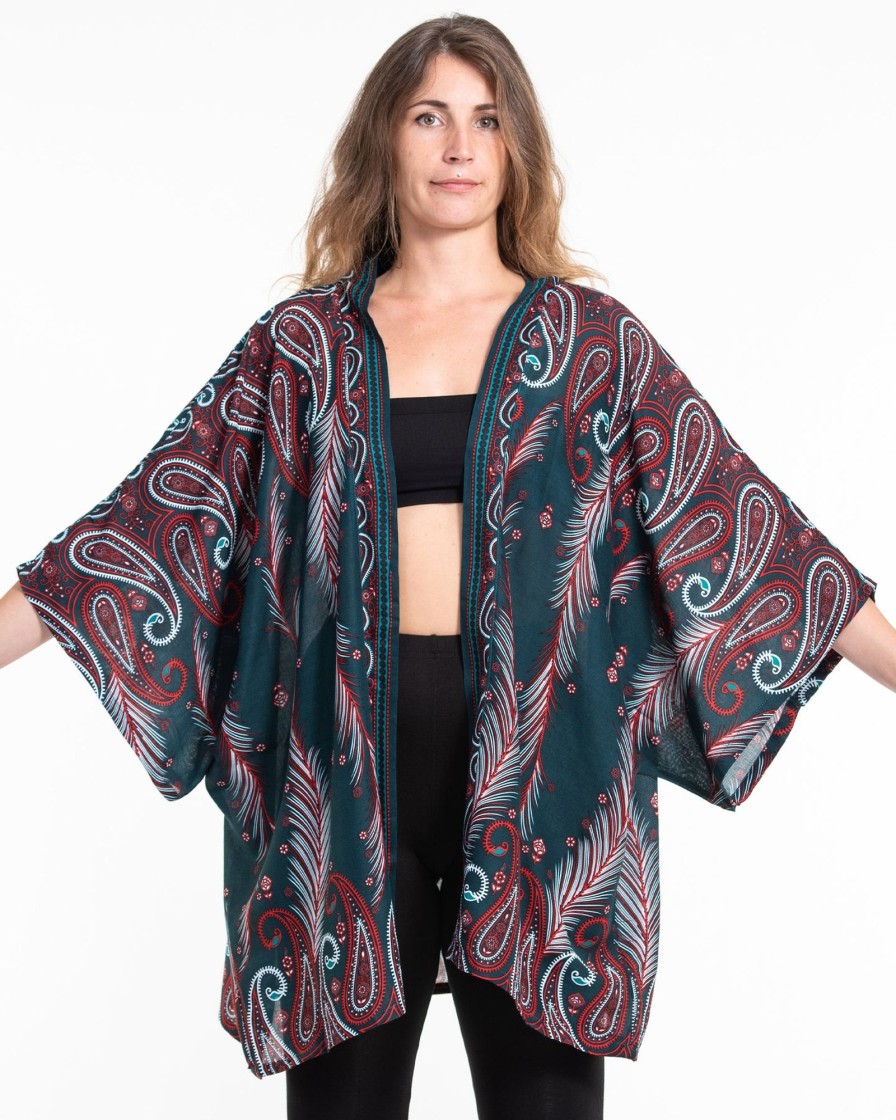 Plus Size HaremPants | Paisley Feathers Kimono Cardigan In Green