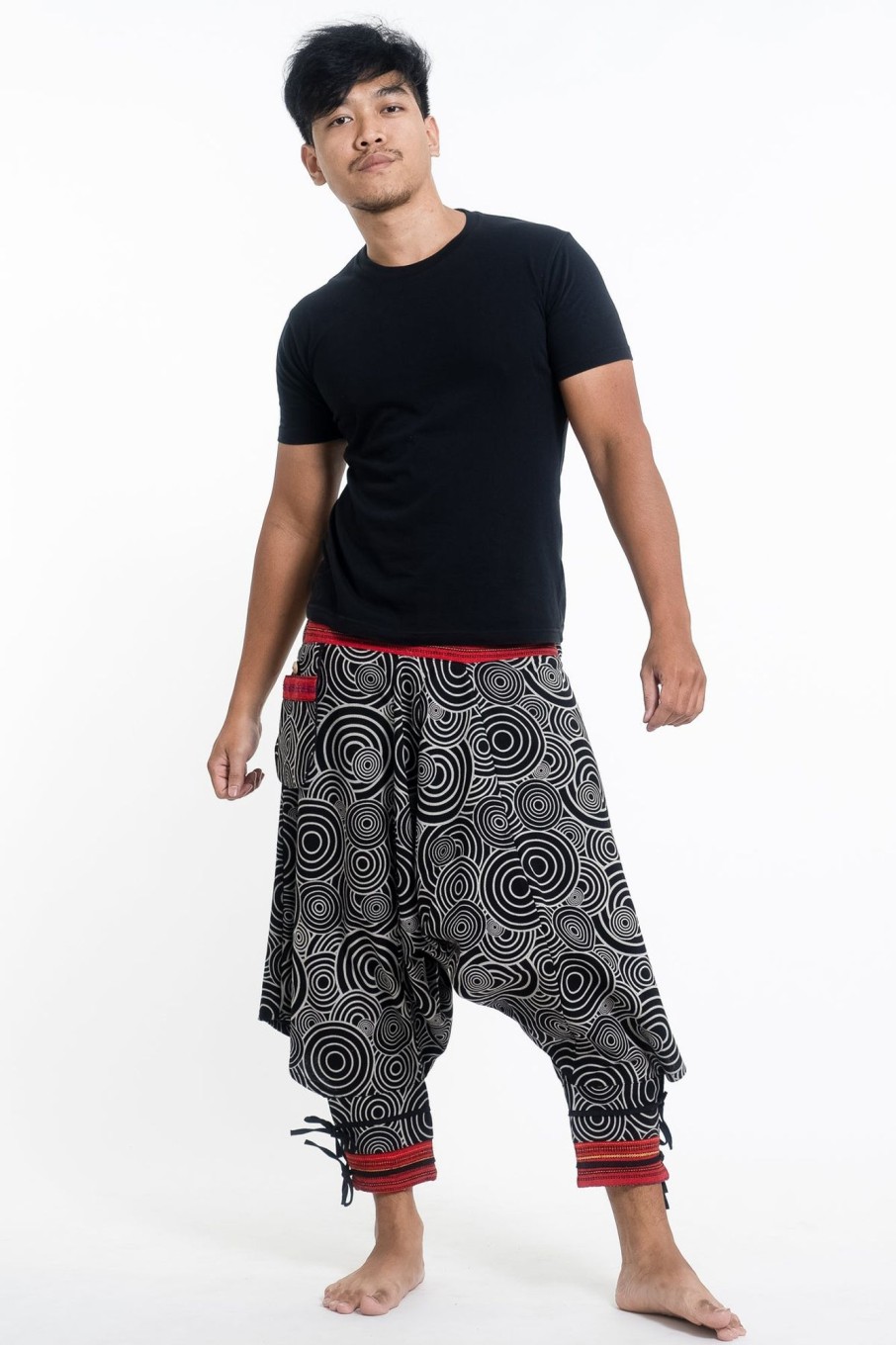 Men HaremPants | Swirls Prints Thai Hill Tribe Fabric Men'S Harem Pants With Ankle Straps In Black