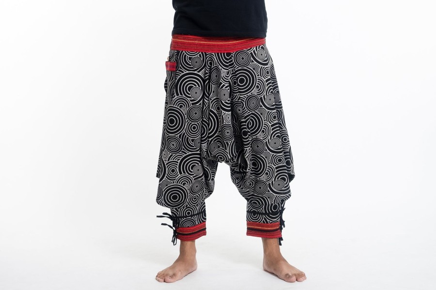 Men HaremPants | Swirls Prints Thai Hill Tribe Fabric Men'S Harem Pants With Ankle Straps In Black