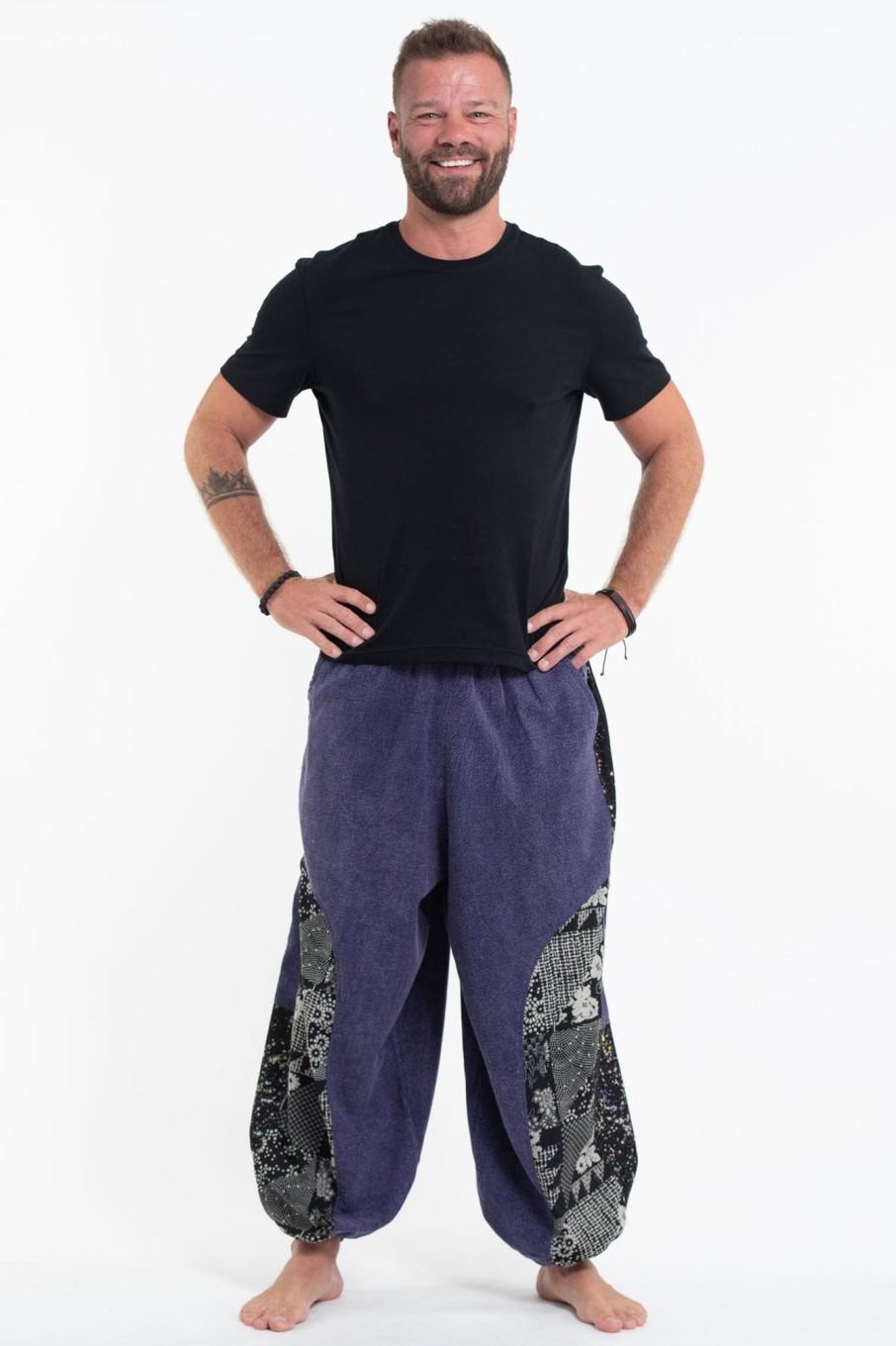 Plus Size HaremPants | Stone Washed Patchwork Men Unisex Pants In Blue