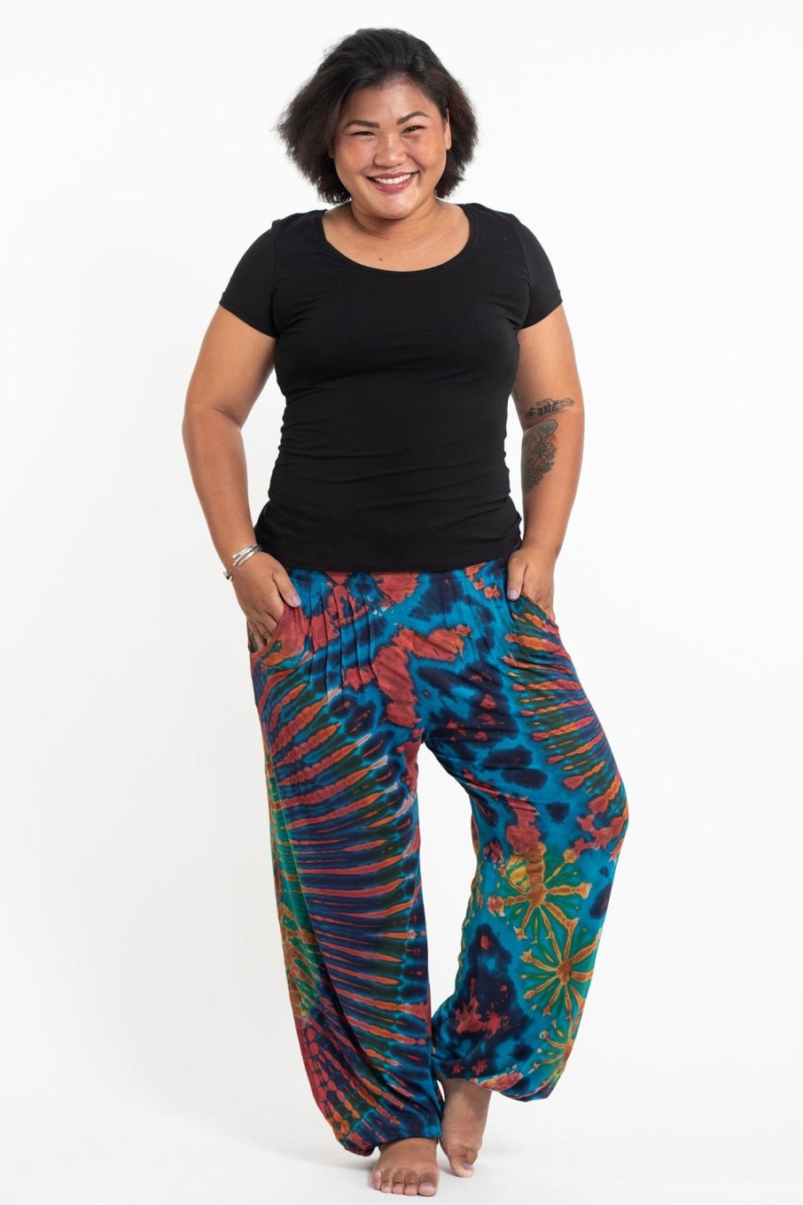 Plus Size HaremPants | Plus Size Tie Dye Cotton Women Harem Pants In Blue Rainbow